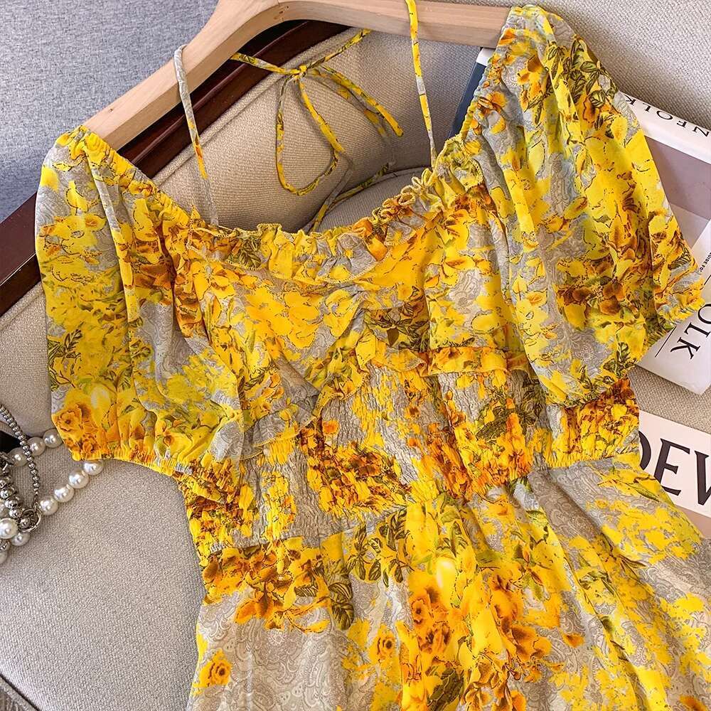 Summer Plus Size Women's Chiffon High Waist Short Sleeve Yellow Floral Split Dress Casual Seaside Beach Style