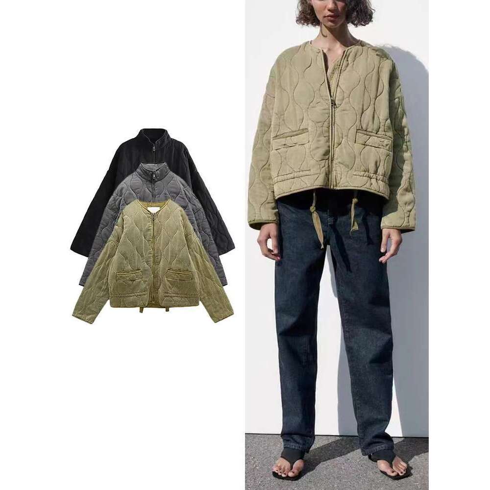 TRAF Women's New Zipper Warm Jacket Autumn And Winter Long Sleeve Round Neck Padded Solid Color Coat Women Fashionable Tops