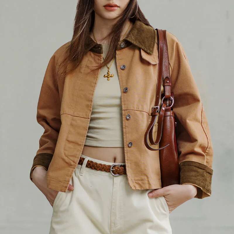 Maden Retro Khaki Corduroy Collar Jacket Heavyweight Canvas Outerwear Loose Fit Casual Coat for Women's Autumn and Winter Tops