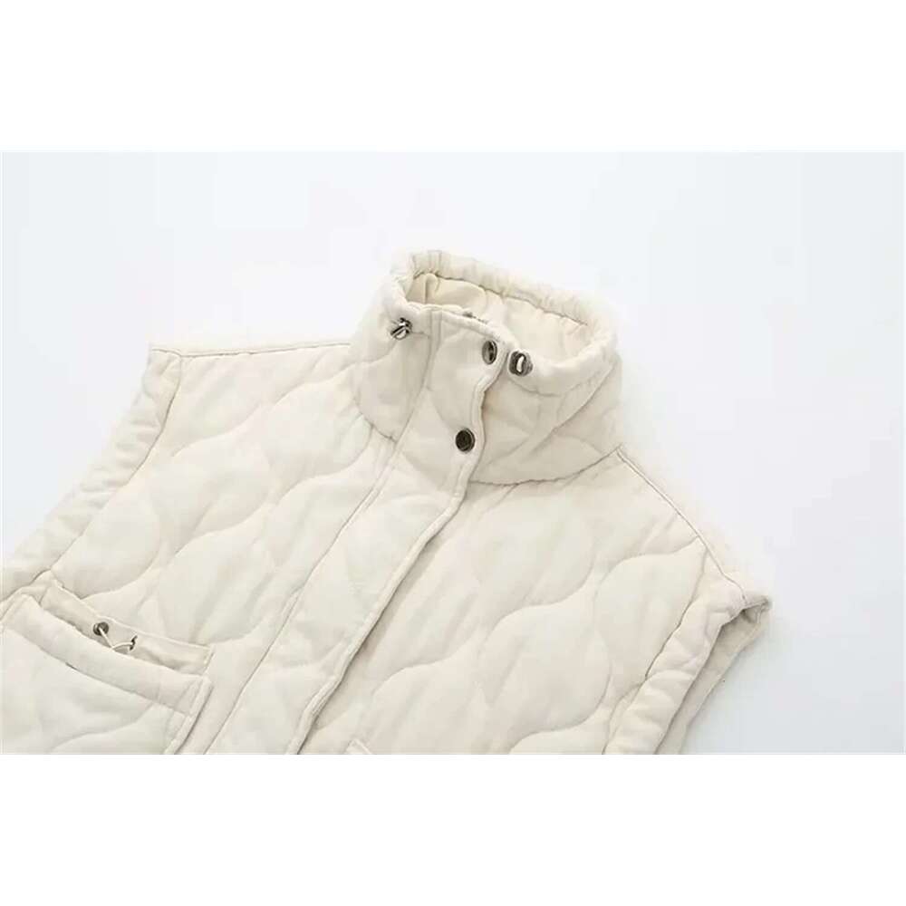 New Women's Versatile Sleeveless Stand Up Collar Pocket Decoration Cotton Vest Loose Shoulder Jacket