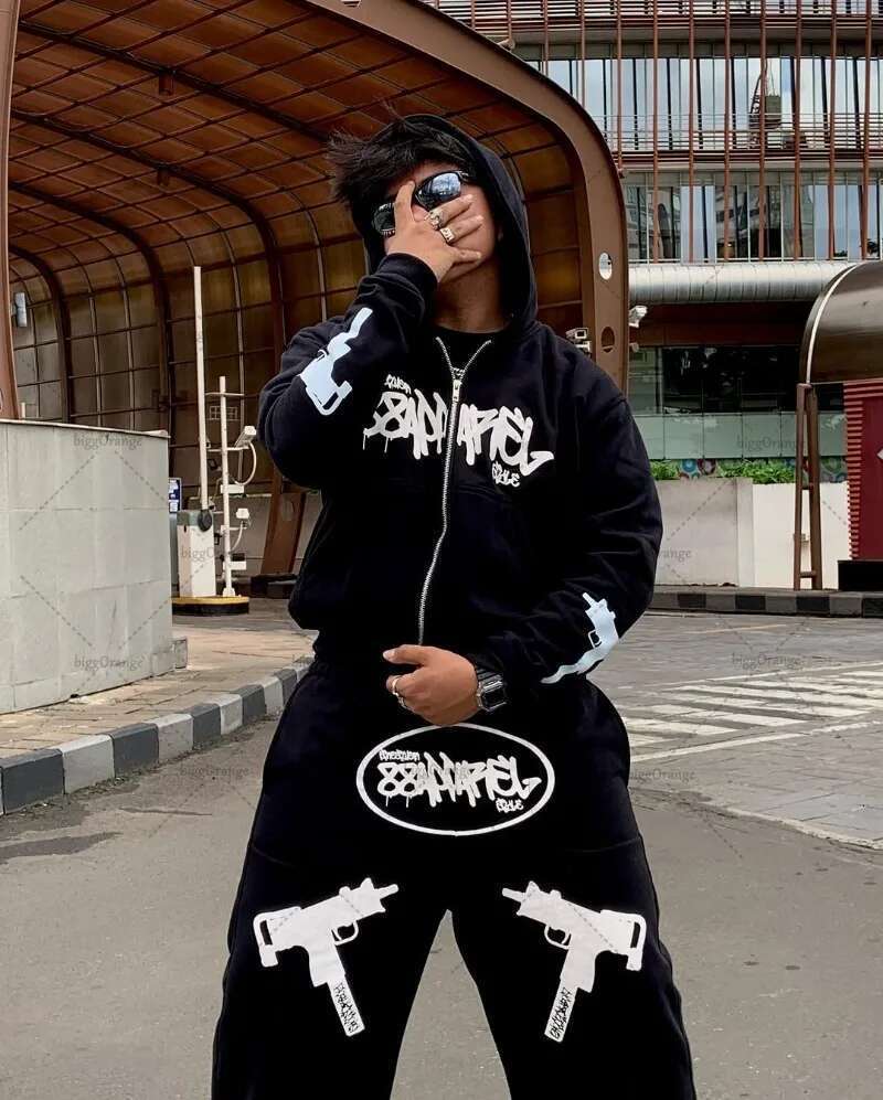 New Street Trend Personalized Design Pattern Fashionable Versatile Hoodie Trousers Men Retro Haruku Casual Loose Suit Women Designer
