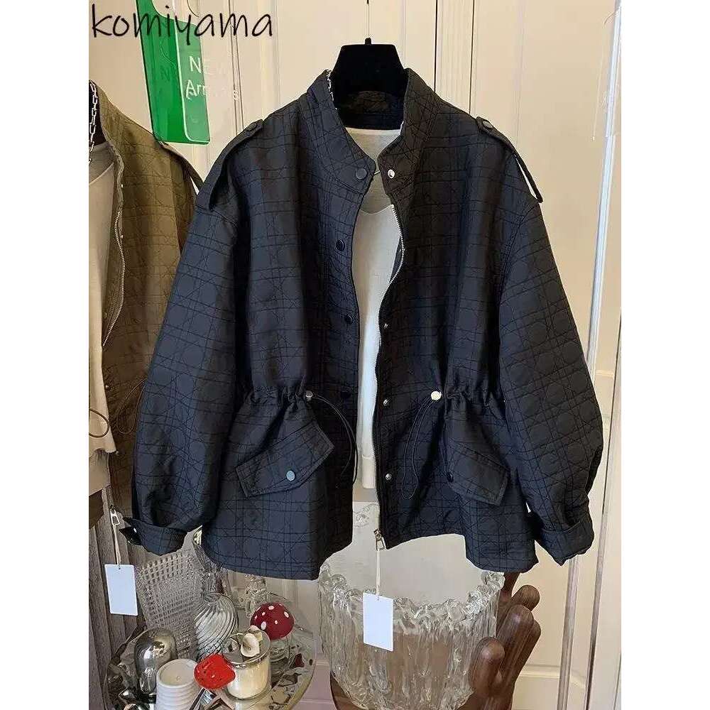 Drawsting Lace Up Ropa Mujer Plaid Woman Jackets Stand Collar Zipper Chaqueta Mujeres Long Slevee Coats Autumn Winter Clothes