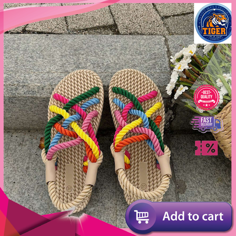 Ddmytiger Summer Large Size New Women S Rainbow Dopamine Small Fresh Knitted Rope Sandals Outdoor Shoes