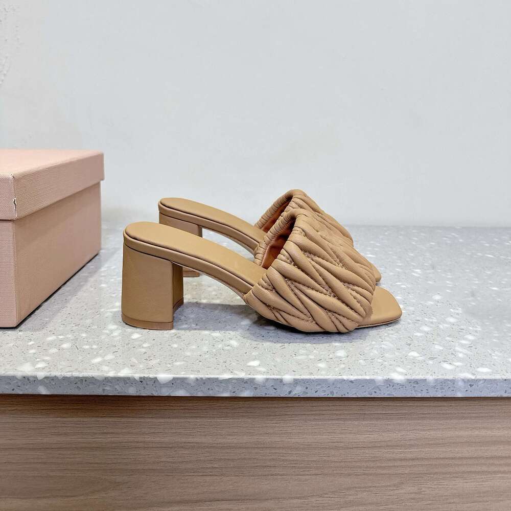 Women Size35-41 Genuine Leather Slippers High Heels Pleated Sewing Pumps Summer Slides Designer Shoes Zapatillas De Mujer