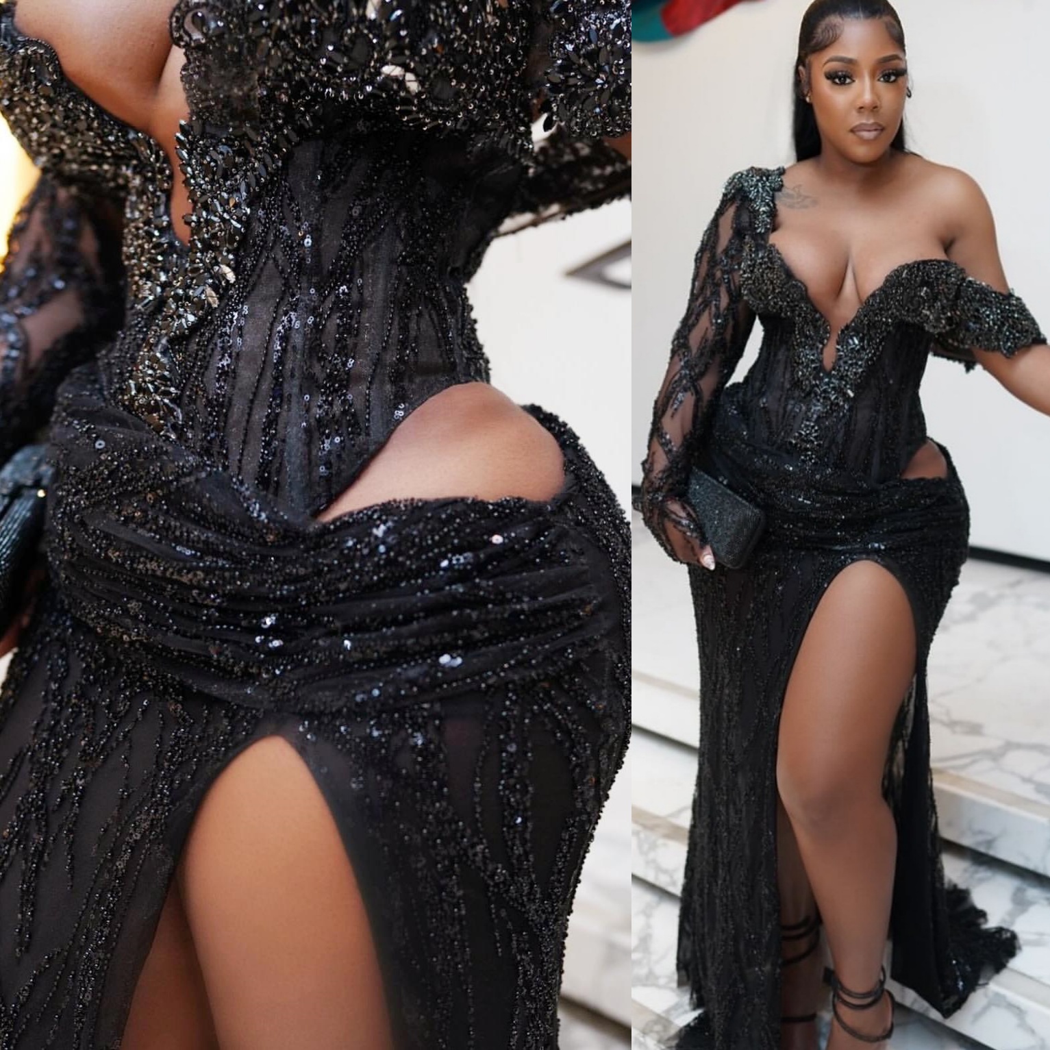 Black Mermaid Plus Size Prom Dresses 2025 One Shoulder Crystals Sequined Evening Formal Party Second Birthday Engagement Gowns Dress For Special Occas