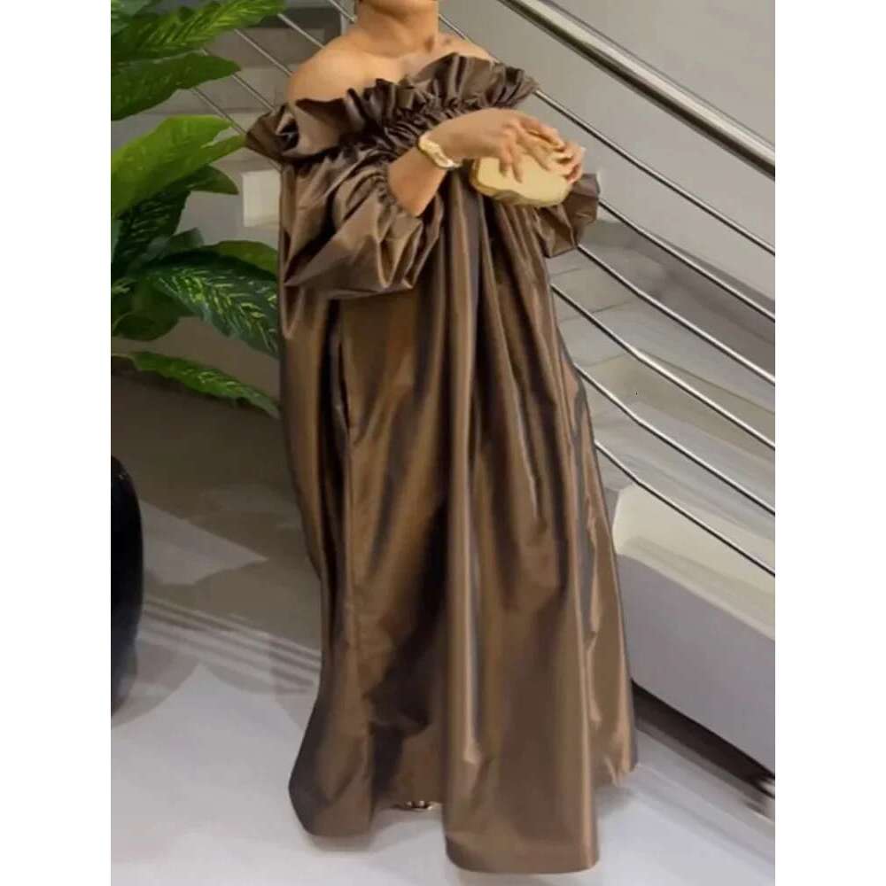 Beautyblue Plus Size Dresses Women Off-the-shoulder Maxi Dress Loose Elastic Puff Sleeve Oversized Brown New Elegant Robe Female