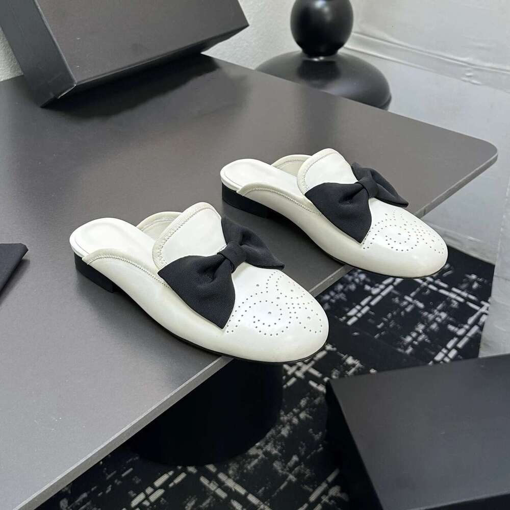 New Women Size34-41 Genuine Leather Mules Low Heels Butterfly Knot Slippers Round Toe Designer Shoes Zapatillas De Mujer