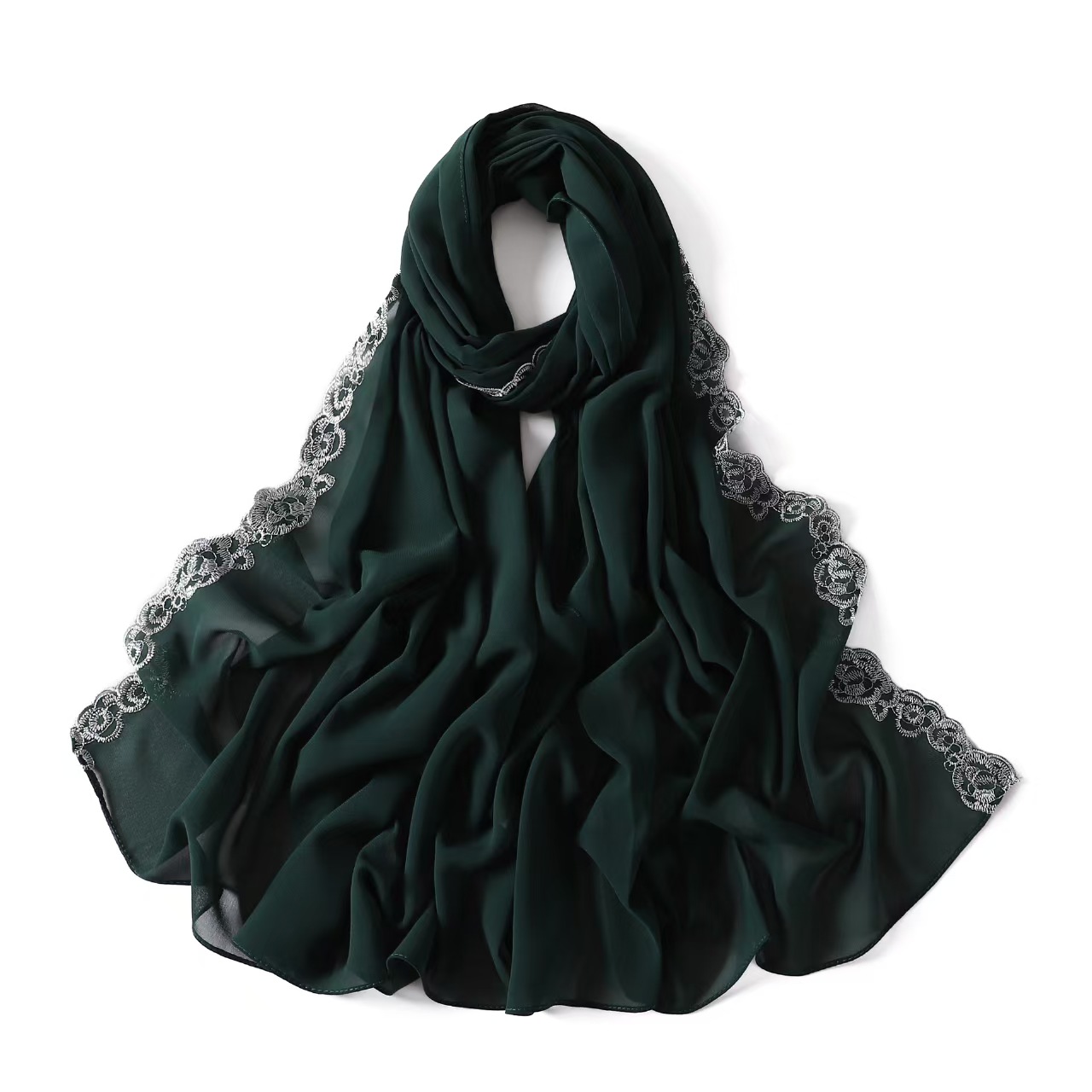 T689 lace trim solid color pearl chiffon long scarf Indonesian monochrome headscarf hijab scarf female