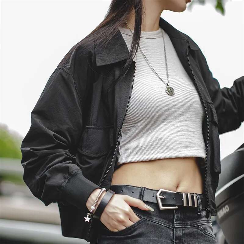Maden Bomber for Women Black Casual Crease Short Coat Turn-down Collar Jackets Retro Autumn Tops Motorcycle Jacket