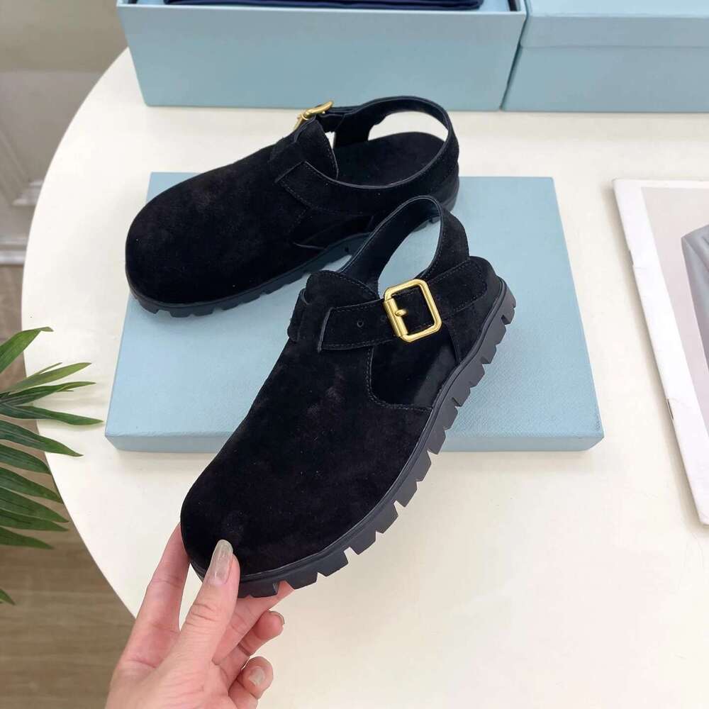 Women Size35-42 Natural Cow Suede Sandals Beach Flats Round Toe Buckle Strap Leisure Designer Shoes Zapatillas De Mujer