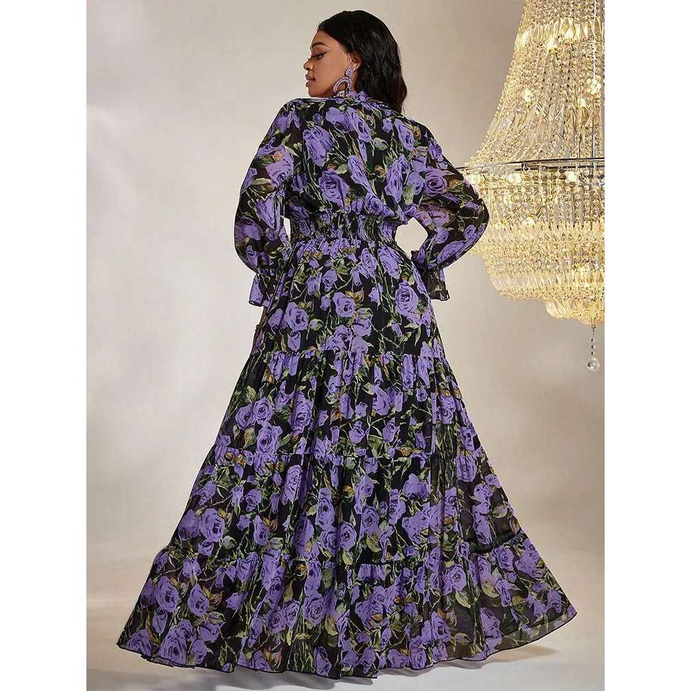 TOLEEN Women Plus Size Maxi Dresses Sweet Print Birthday Party Vintage Chiffon Lantern Sleeve Elegant Dress