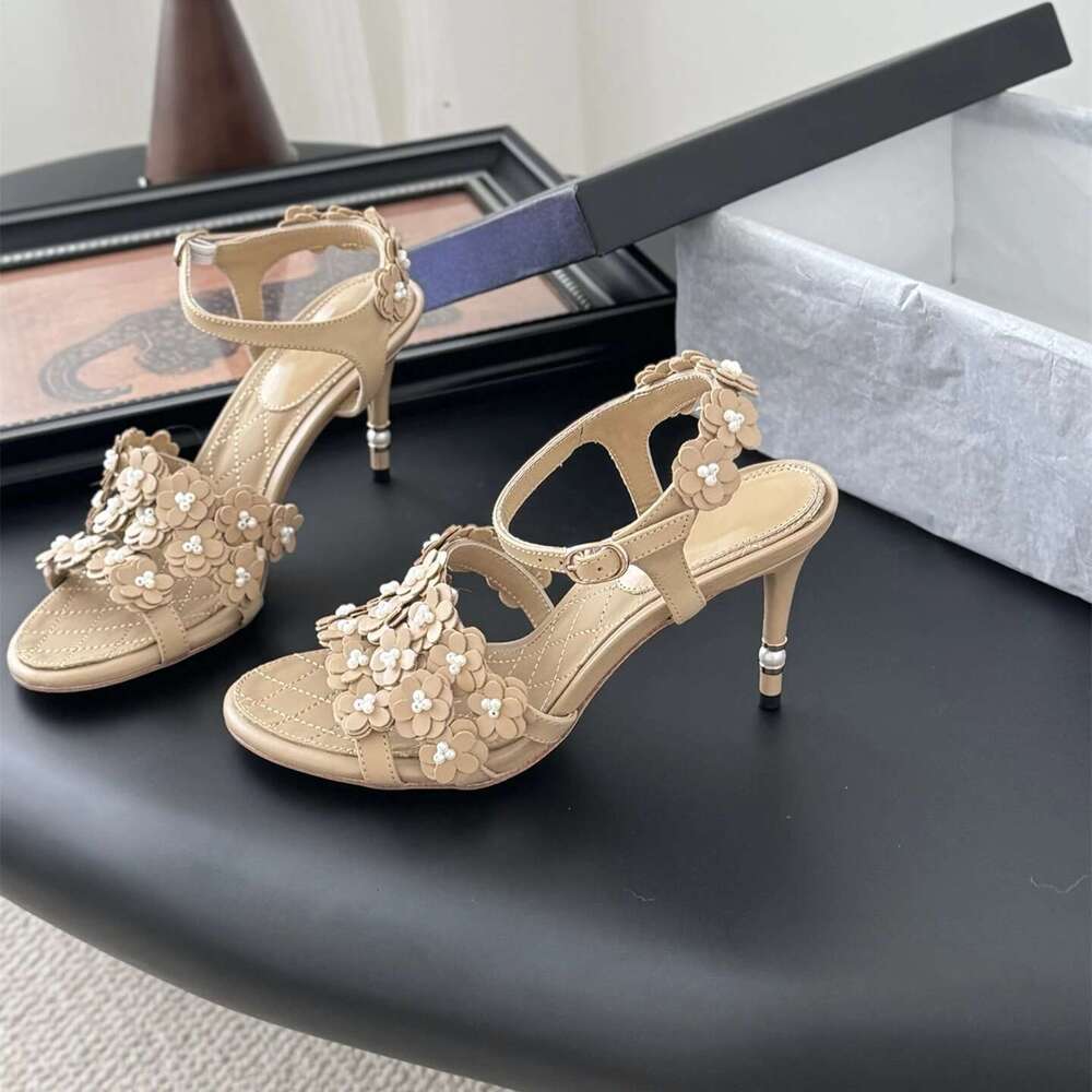 Women Size35-41 Genuine Leather Sandals Super High Heels Flowers Pearls Pumps Summer Designer Shoes Zapatillas De Mujer