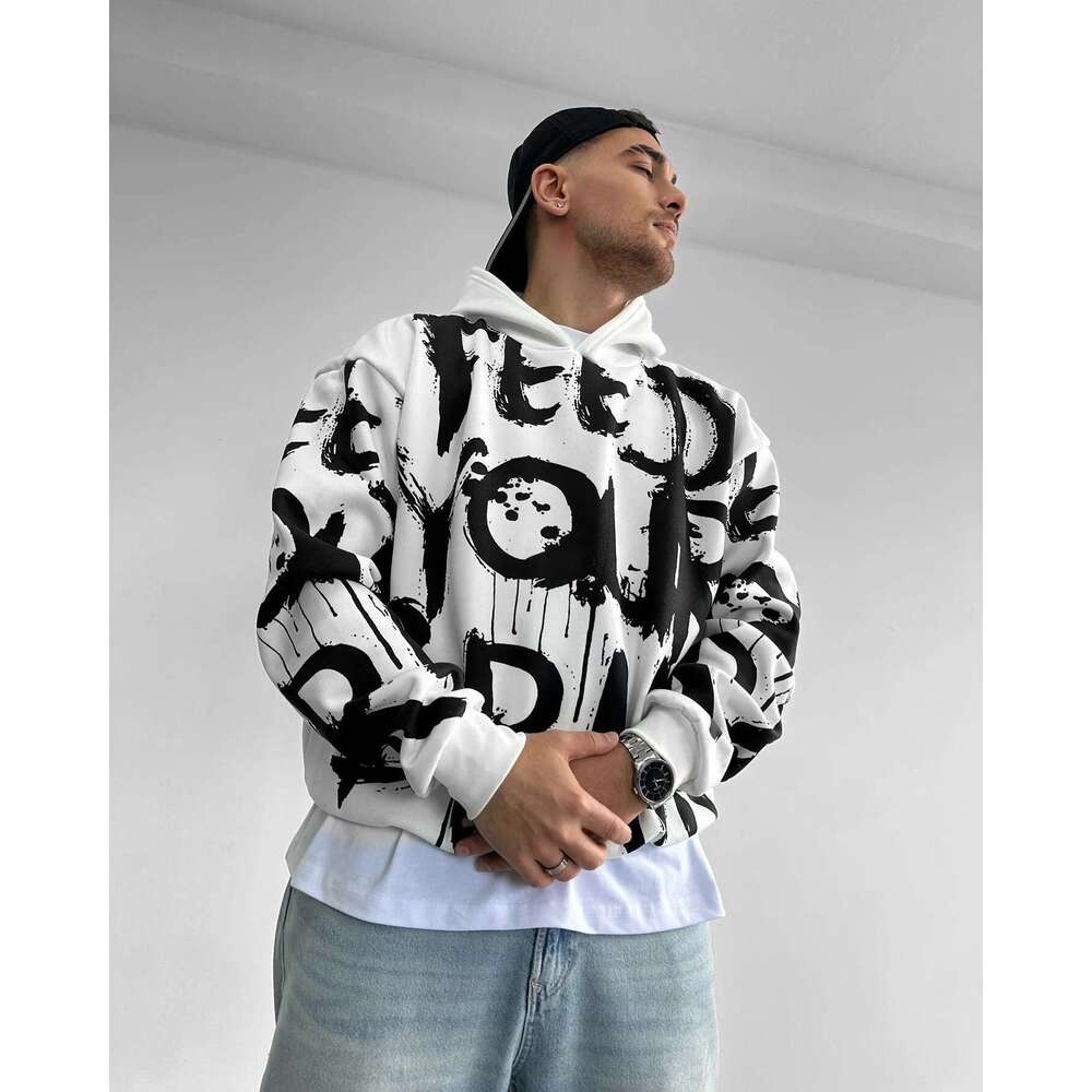 Trendy Letter Graffiti Print Hoodie Classic Retro Skateboard Hip Hop Street Casual Oversized Sweatshirt Haruku Sports Designer