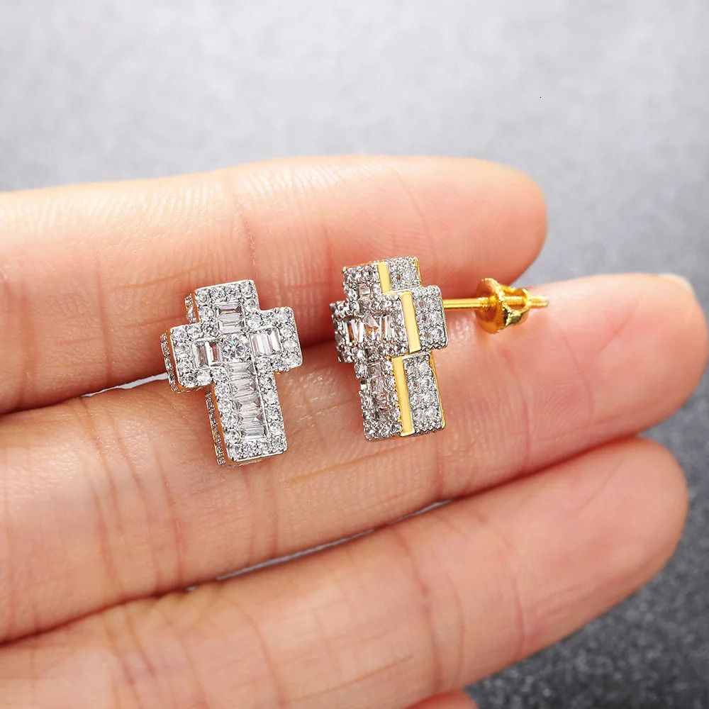 Punk Cross Earrings for Men Iced Out Zirconia Hiphop Stud Earring Gold Color Womens Accessories Fashion Jewellery OHE129 250512