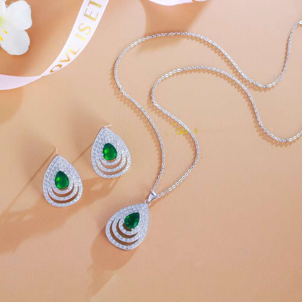 Elegant earrings necklace, ladies' blue cubic zirconia teardrop fashion party accessory set, girls' daily wear
