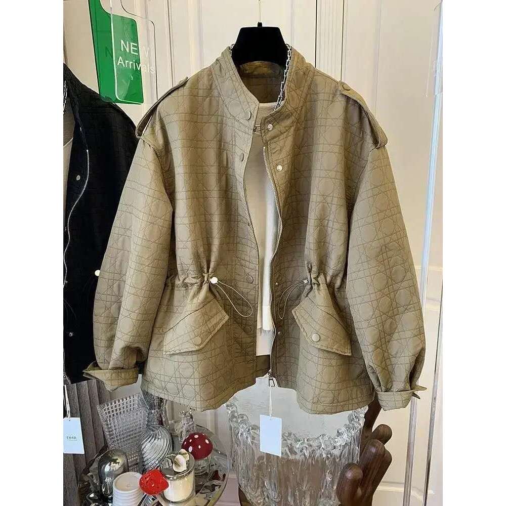 Drawsting Lace Up Ropa Mujer Plaid Woman Jackets Stand Collar Zipper Chaqueta Mujeres Long Slevee Coats Autumn Winter Clothes