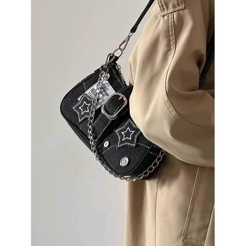 Y2K Women Korean Harajuku Goth Star Girl Black Hand Bag Fairy Grunge Aesthetic Wallet Shoulder Handbag Purses Baguette Tote BagsW250512