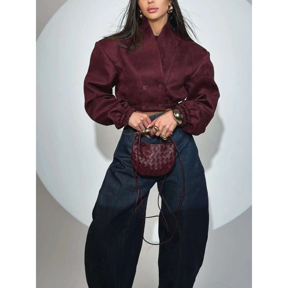 TWOTWINSTYLE Winered French Retro Slim Coats for Women V Neck Spliced Double Breasted Long Sleeved Short Jackets Female Fashion