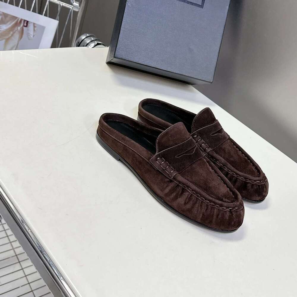 New Women Genuine Leather Mules Low Heels Natural Cow Suede Slippers Pleated Round Toe Designer Shoes Zapatillas De Mujer