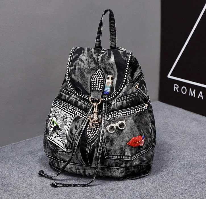 New in Fashion Denim Women Casual Backpack Large Capacity Jeans Shoulder Bag with Diamond Dec Female Backpacks Z250512
