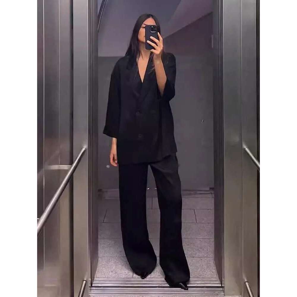 2024 Autumn Women Casual Coat Pants Set Long Sleeve Double Breasted Blazer + Wide Leg Trousers Lady Office Outfit