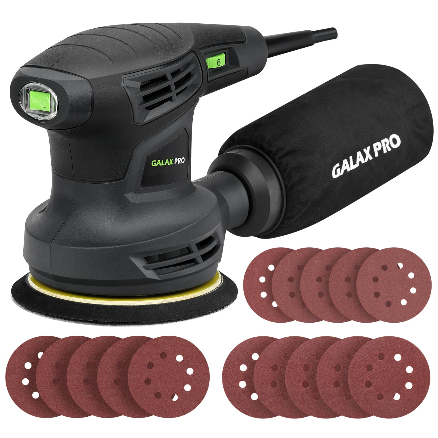 GALAX PRO Random Orbital Sander 280W 13000 OPM with 6 Variable Speeds and 15pcs Emery Paper 125mm with Dust Extraction for Sanding and Polishing