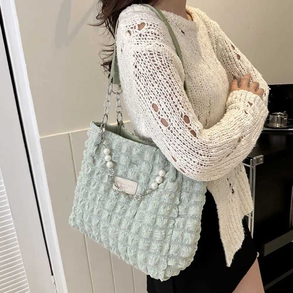 Large Capacity Ladies Tote Bag Fashion Plaid Womens Beaded Chain Shoulder Bags Soft Fabric Commuter Female Handbags Purse Z250512