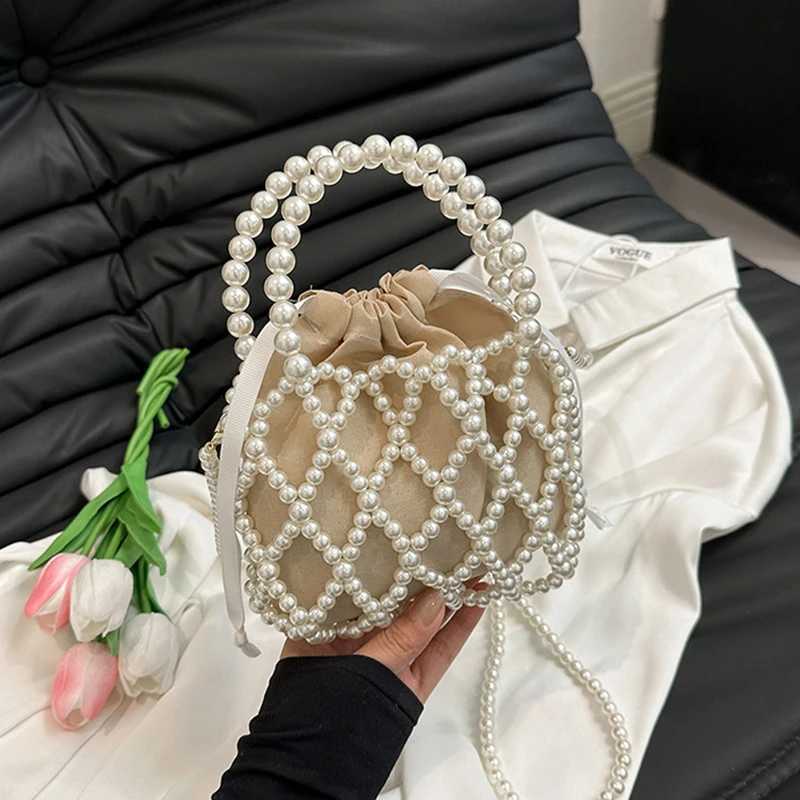 Pearl Womens Bucket Tote Bag Woven Pearl Crossbody Small Wallet Handbag Casual Drawstring Female Coin Purse Z250512