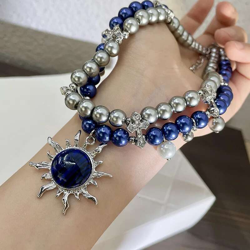 Blue Artificial Gemstone Suower Pendant Necklace Women's New High-end Feel Pearl Fashion Versatile Collarbone Chain