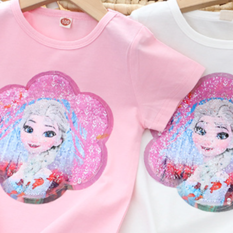 DISNEY Frozen Princess Elsa Kids designer clothes Little girl summer outfit short-sleeved reversible color-changing sequin T-shirt princess top.
