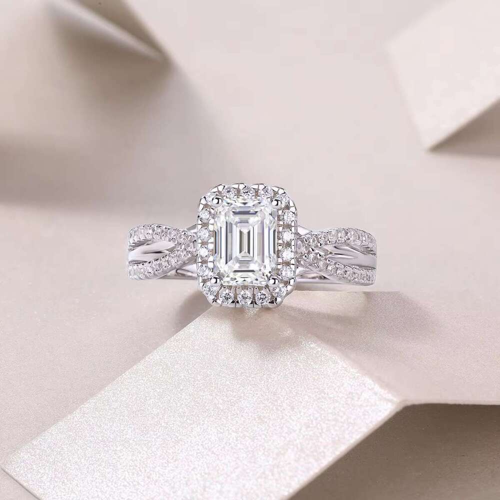Fashionable silica emerald cut wide open handle ring - double-layer pointed set, pure silver, size 5-9, USA