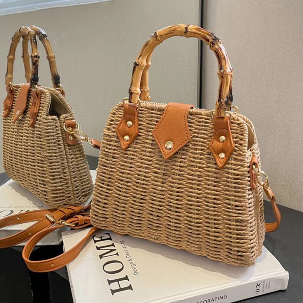 Summer Weaving Underarm Bamboo Handle Shopping Tote Bag Handmade Casual Simple Portable Adjustable Strap for Seaside Holiday