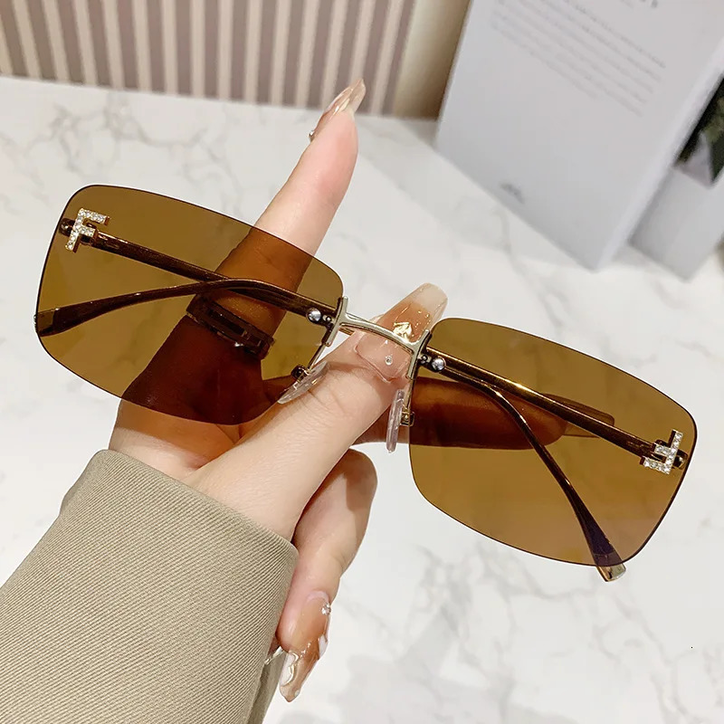 Ruiao rimless sunglasses UV400 fashion square metal glasses for women diamond y2k small face sun glasses 250509