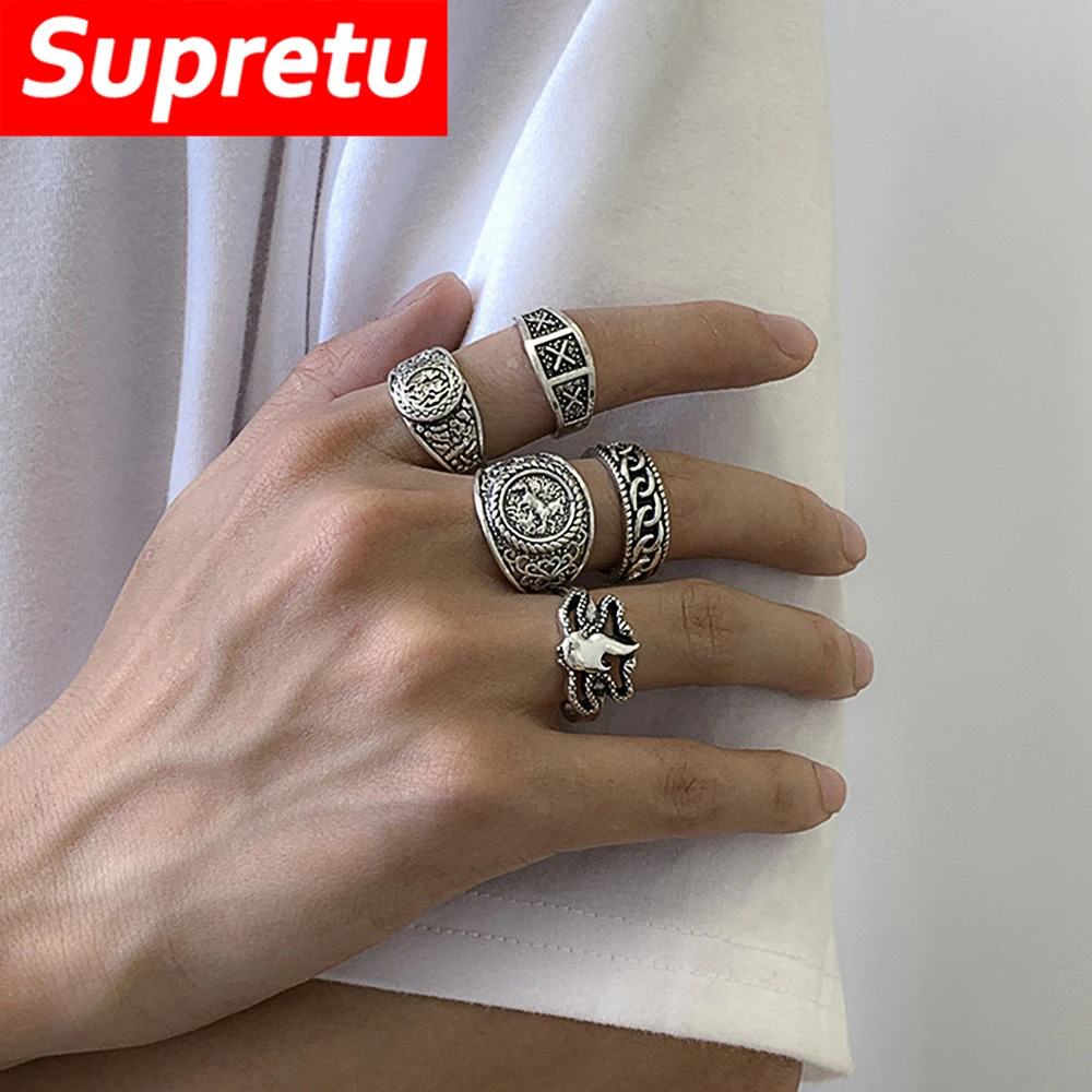 Retro Totem Mens Ring Set Hip Hop Geometric Jewelry Antique Silver Adjustable Stackable Rings for Men Fashion Accessories Gifts 250509