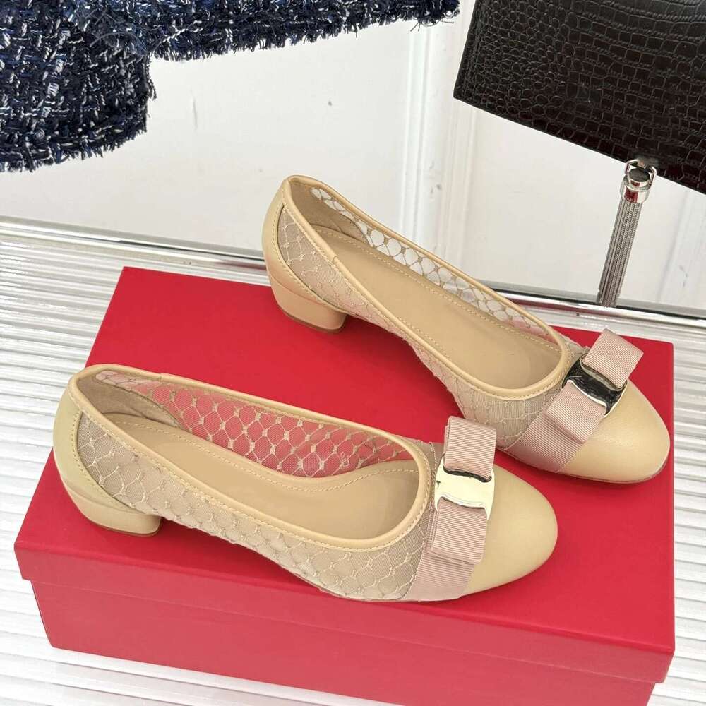 New Women Genuine Leather Pumps Med Heels Butterfly Knot Mesh Round Toe Slip On Party Designer Shoes Zapatillas De Mujer