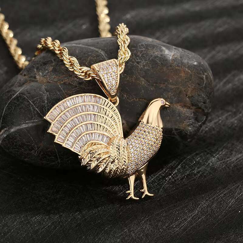 OEM ODM Hip Hop 14k Gold Plated Rooster Cubic Zirconia Copper Pendants and Necklaces