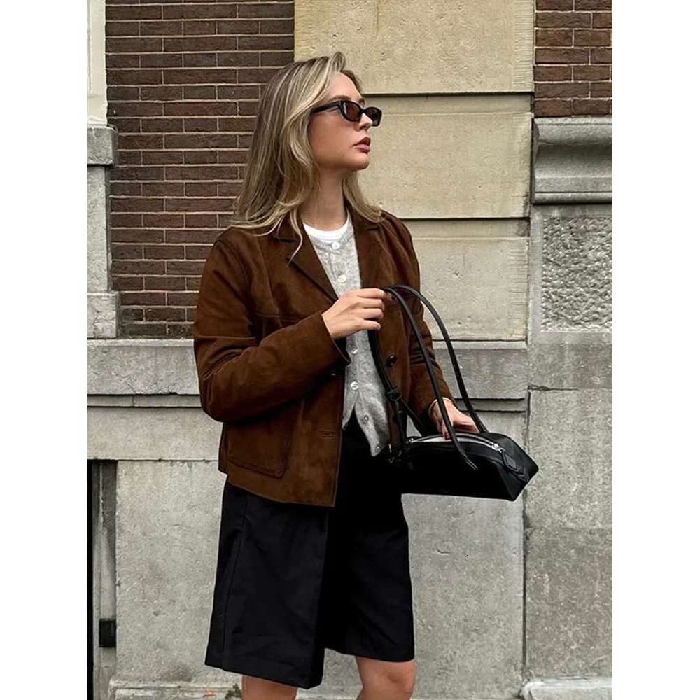 ZBZA Women Retro Suede Leather Jacket Coat Casual Suit Collar Single-breasted Long-sleeved Cropped Overcoat Fall Winter Chic Top