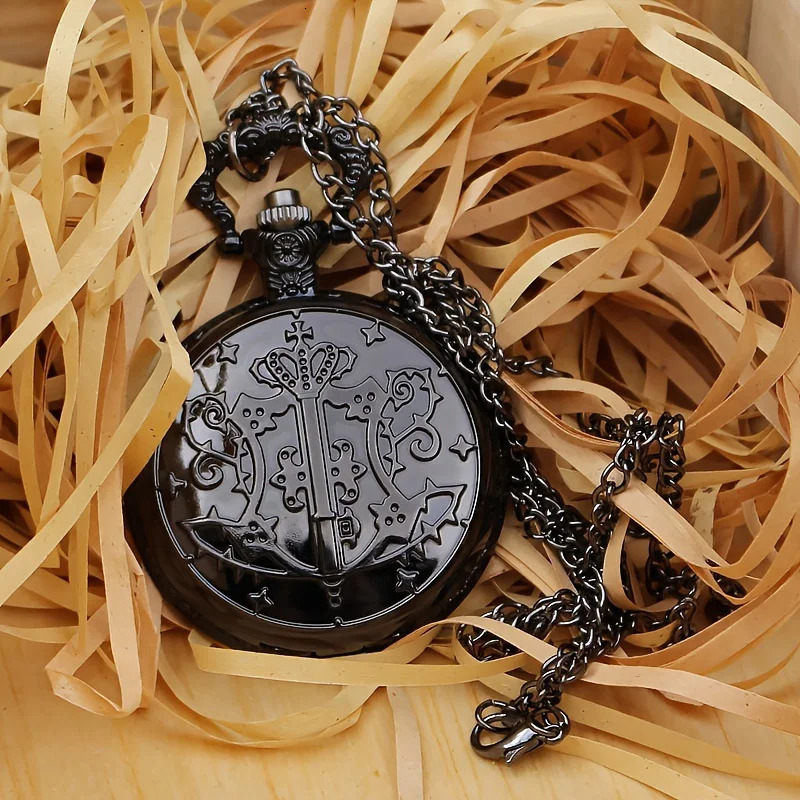 Black Deacon pocket watch anime pocket watch necklace watch dial fashionable quartz watch flip Roman 250512