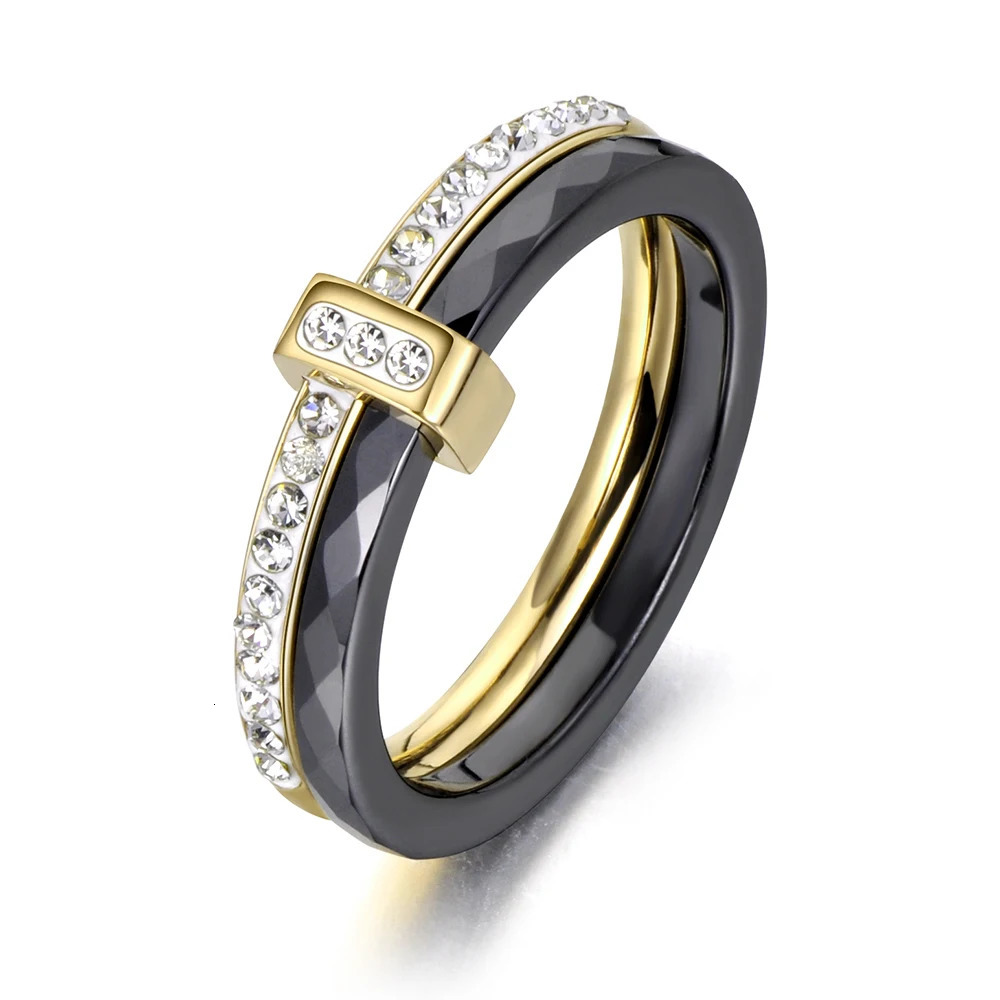 2 Layers Black/White Ceramic Crystal Wedding Rings Jewelry Rose Gold Plated Stainless Steel Rhinestone Engagement 250509