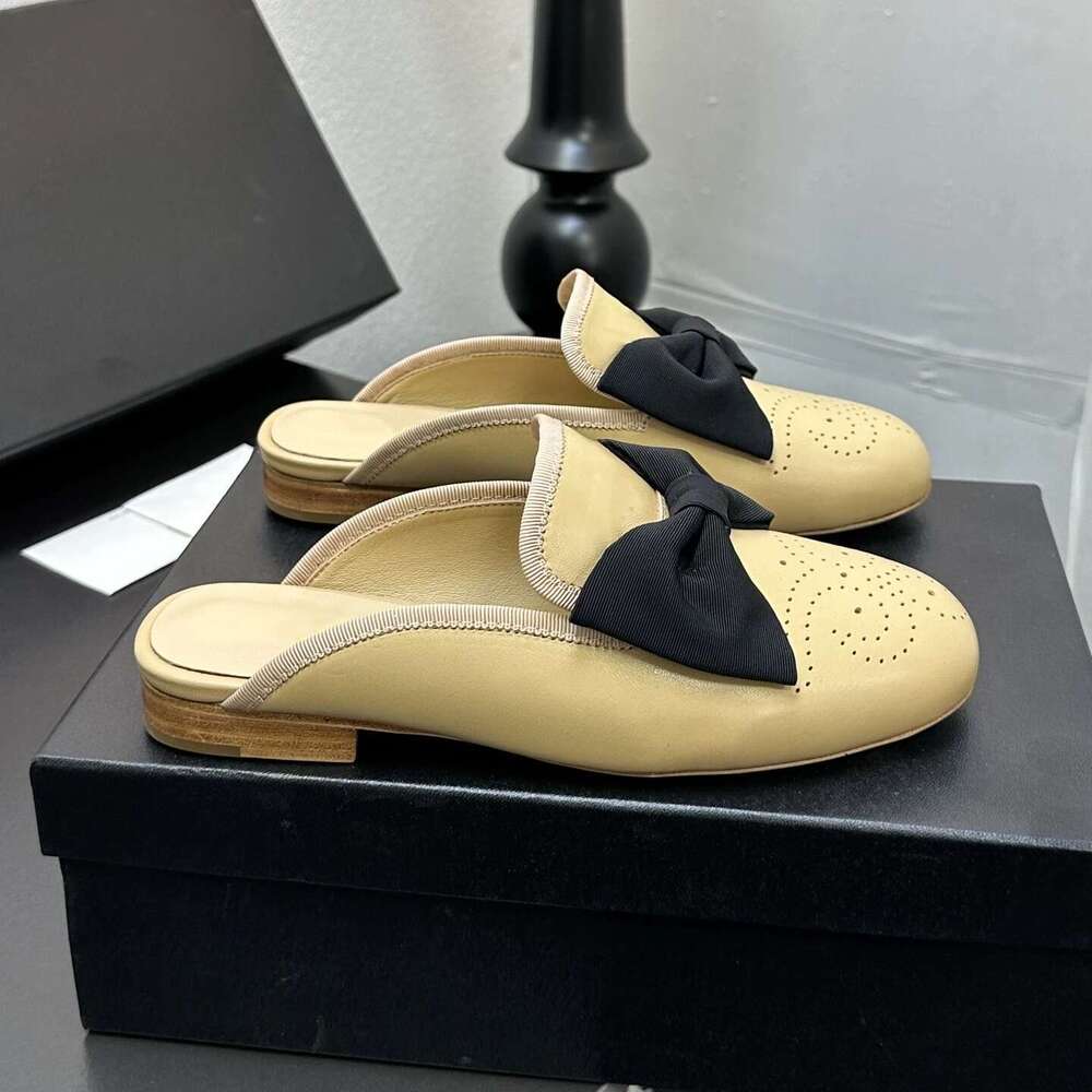 New Women Size34-41 Genuine Leather Mules Low Heels Butterfly Knot Slippers Round Toe Designer Shoes Zapatillas De Mujer