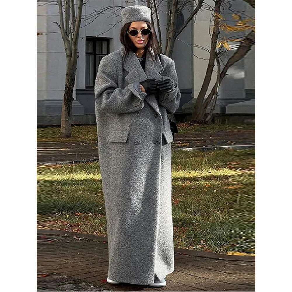 Grey Women's Coat Turndown Collar Double Breasted Long Sleeve Coats Fashion Vintage Winter Windproof Women Jacket