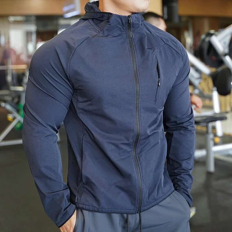 High Quality Nylon Sport Coat Mens Gym Fiess Hoodies Outdoor Workout Tops Hooded Training Running Zipped Jacket Clothes