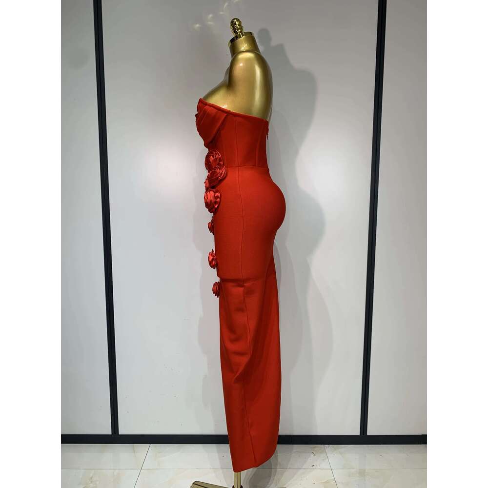 2025 Newest Women Sexy Strapless Backless Red Flower Midi Bandage Dress Celebirty Elegant Evening Club Party Birthday Dresses