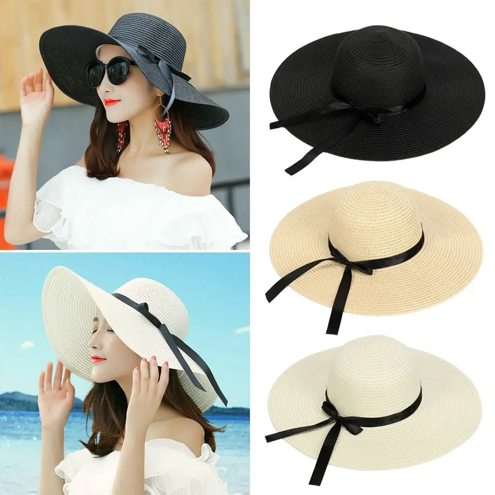 Women Beach Hat Foldable Floppy Straw Caps Big Wide Brim Summer Bow Cap Sun 250512