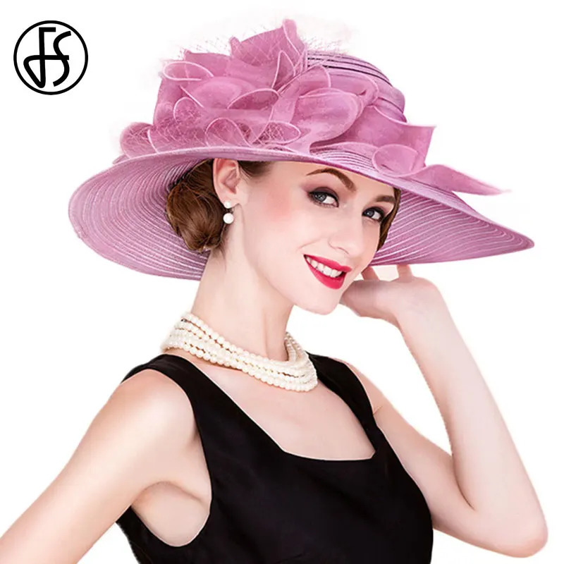 FS Black White Elegant Church Wedding Straw Hats For Women Ladies Flowers Large Brim Fedora Hat Sun Kentucky Party Derby 250512