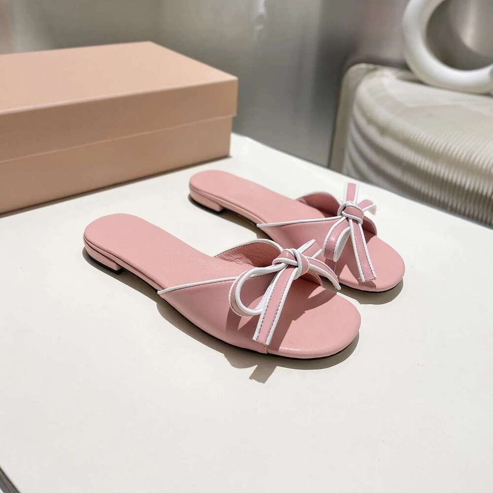 New Women Genuine Leather Slippers Butterfly Knot Low Heels Summer Slides Solid Colors Designer Shoes Zapatillas De Mujer