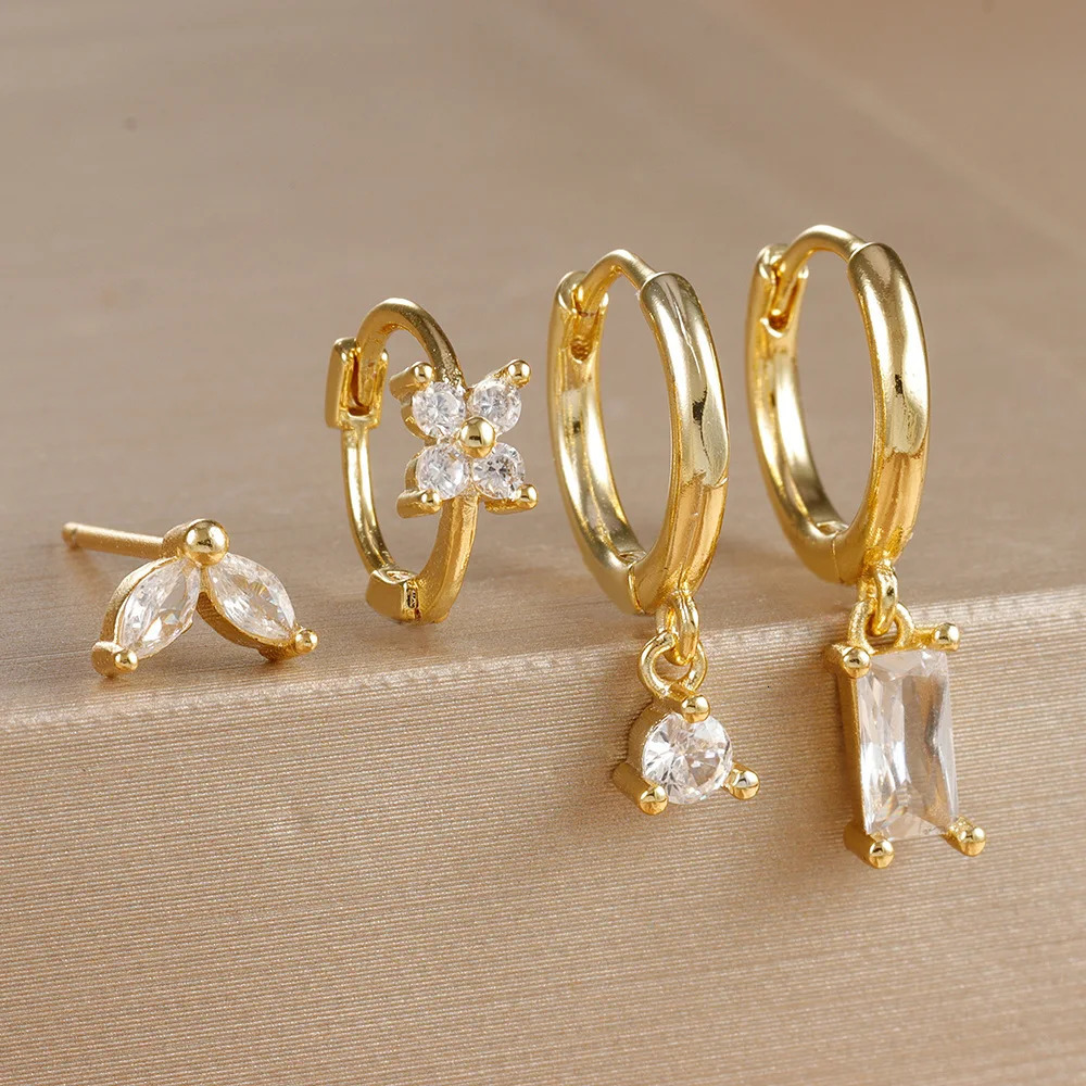 4PCS Flower Square Earrings Set for Women Girl Zircon Stainless Steel Cartilage Piercing Hoop Earring Statement Jewelry 250512