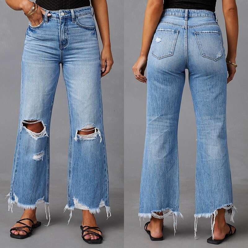 2025 New Wide with Tassel Washed Tie Dyed Ripped Hole High Waisted Jeans Straight Leg Casual Pants for Women New Arrival Fashionable Printing