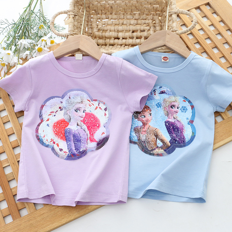 DISNEY Frozen Elsa princess Little girl princess design printed T-shirt comfortable and soft Cotton T-shirt with princess print design comfortable des