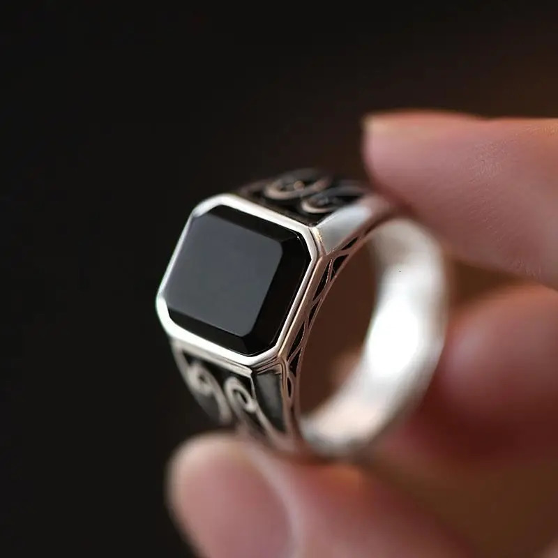 Black Zircon Rings Men Retro Auspicious Cloud Pattern Obsidian Open Index Finger Ring Punk student Jewelry Accessories 250509